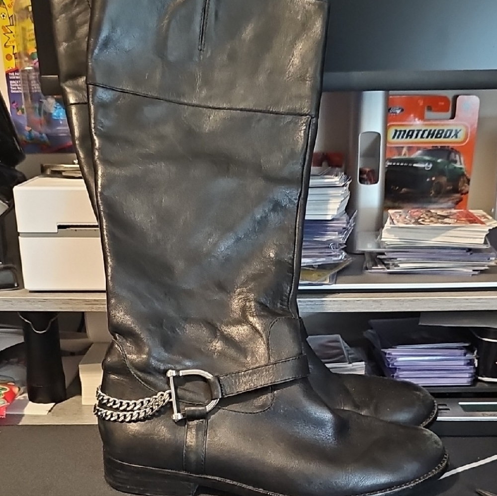 Ralph Lauren Black Leather Knee-High Heeled Boots with Chain Detail